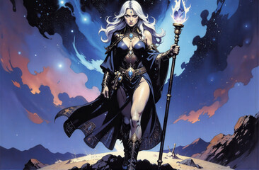 heroic fantasy portrait female mage conjuring celestial magic enchanting powerful mystical cosmic sorcery ethereal energy vibrant colors fantasy art captivating deep space exploration galactic wonder