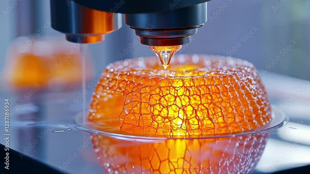 Poster close up view of a 3d printer creating intricate honeycomb structures with precision. the glowing or