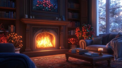 Fototapeta premium Reading by the fireplace with glowing AR book suggestions, cozy winter living room, soft warm lighting, photorealistic