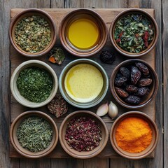 Aromatic Spices and Herbs Collection on Rustic Wooden Board