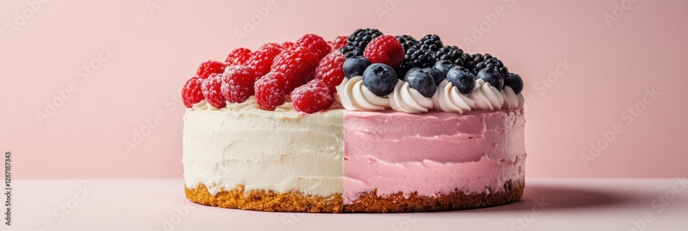 Poster delicious layered cake topped with fresh berries on a pastel background in a bright indoor setting. 