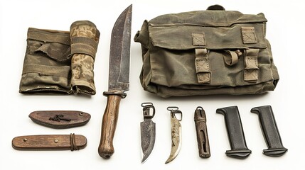 Essential wilderness survival gear for hunters knife tools bag setup outdoor adventure close-up preparation