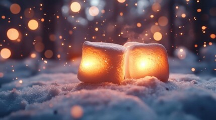 Roasting marshmallows in the snow with glowing AR roasting guides, vibrant outdoor winter setting, soft ambient lighting, photorealistic