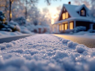 Salting the driveway with glowing AR salt spread tracking, cozy winter home backdrop, soft natural lighting, photorealistic