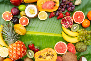Summer mix of tropical fruits over green leaf with copy space