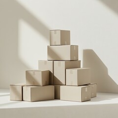 Obraz premium Stacked cardboard boxes, studio, sunlight, product presentation