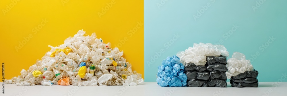 Poster pile of plastic waste contrasted with neatly organized recycled plastic products in a vibrant settin