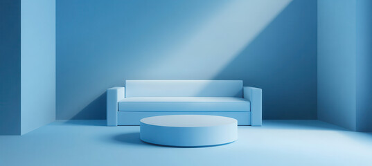 Minimalist Light Blue Living Room with Sofa and Round Coffee Table