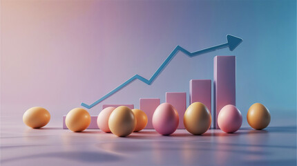 Eggs next to an ascending bar chart with an arrow, showing a price increase in the cost of the egg.