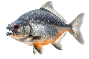 Close-up of a fish with transparent background showing red eyes silver scales sharp teeth and orange underbelly