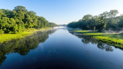 Serene river mist at dawn, lush green banks, tranquil landscape, nature photography