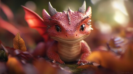Red dragon nestled in autumn leaves, forest background, fantasy illustration