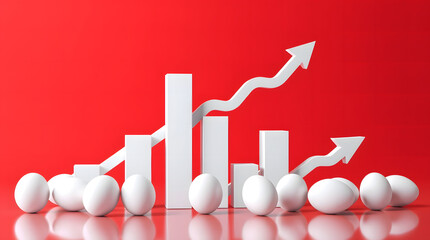 White eggs next to an ascending bar graph with an arrow on a red background, representing price increase