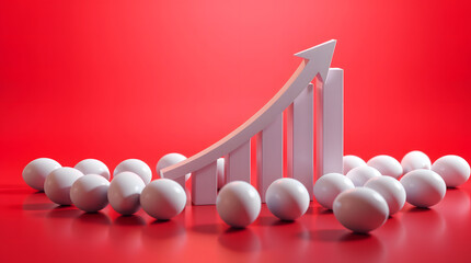 White eggs next to an ascending bar graph with an arrow on a red background, representing price increase