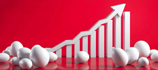 White eggs next to an ascending bar graph with an arrow on a red background, representing price increase