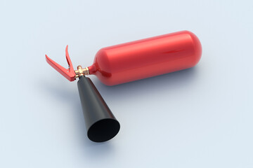 Red fire extinguisher on light gray background. Automotive safety equipment. Emergency tool. 3d render
