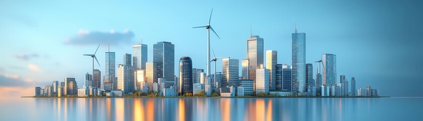 Fototapeta premium Energyefficient skyscrapers with wind turbines, ecofriendly urban design, 3D illustration