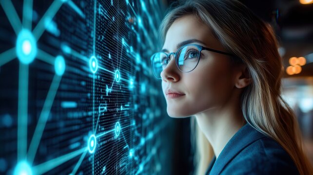 Female cybersecurity expert reviewing compliance data on a financial tech platform, secure blockchain connections visible
