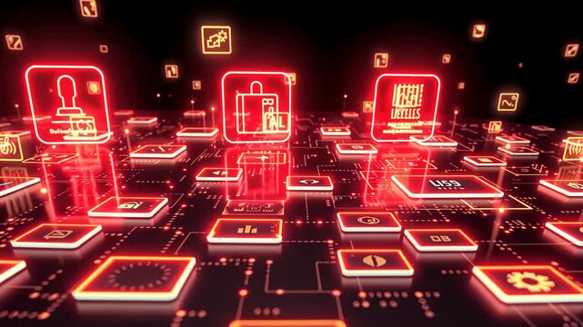 Abstract Technological Network Background with Glowing Red Icons in a Dark Space Futuristic Design with Circuit Board Aesthetics for Adobe Stock Photos Optimized Use Cases Digital Landscape