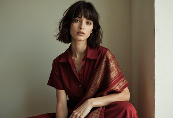 Elegant Woman in Maroon Jumpsuit with Gold Banarasi Saree Detail