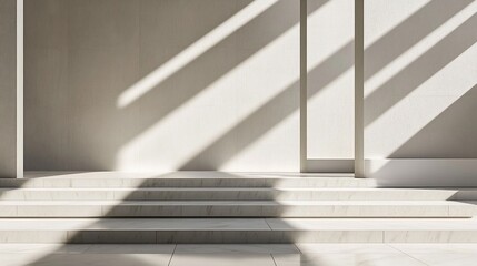 Obraz premium Minimalist marble stairs, sunlit interior, product display