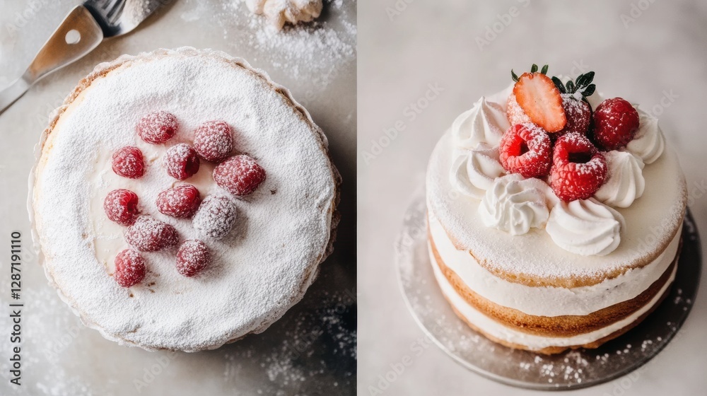 Poster delicious dessert display featuring raspberry and cream cakes on a light surface during a cozy after