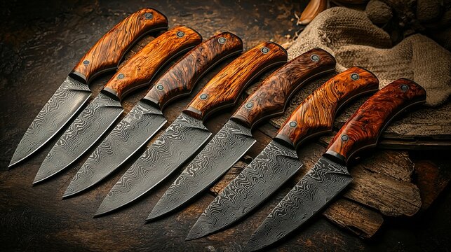 Exquisite professional chef knives displayed on rustic wood culinary tools kitchen setting artistic view
