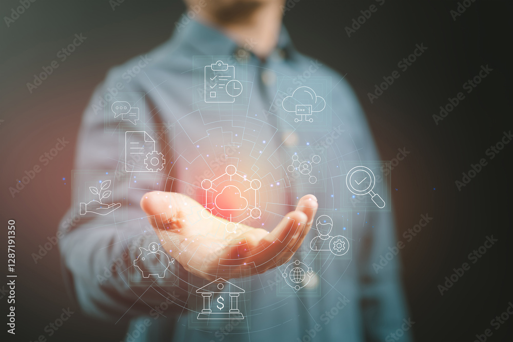 Aufkleber Big data enhances accounting and banking tasks, supporting human decision-making. Computing helps publish insights, while saving in a piggybank or bank fosters financial growth.
