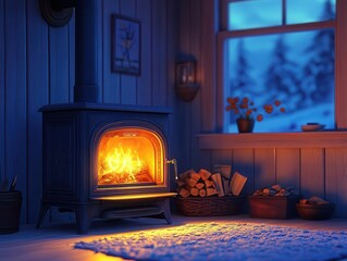 Sitting by a wood stove with glowing AR heat controls, cozy winter cabin, soft warm lighting, photorealistic