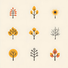A collection of simple minimalist icons of trees, leaves, and suns, designed in flat colors for environmental designs and branding.