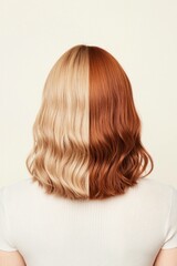 Naklejka premium A striking dual tone hairstyle showcasing contrasting blonde and auburn waves, perfect for hair transformation concepts, beauty, and style inspiration