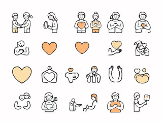 15 volunteer icons in outline style. Volunteering symbol set for community service, compassion, and altruism