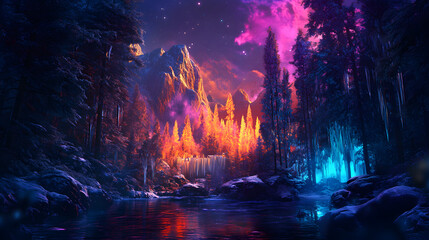 Fototapeta premium Ethereal Forest Landscape with Waterfall, Magical Light, and Icy Trees