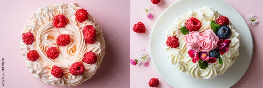 Poster delightful raspberry cream cakes decorated with flowers and berries on a pastel background. generati