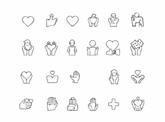 Thin line outline icons of 15 volunteering symbols. Volunteer set for humanitarian aid, support, and generosity