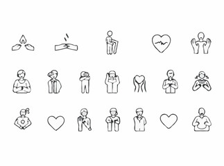 Thin line outline icons of 15 volunteering symbols. Volunteer set for humanitarian aid, support, and generosity
