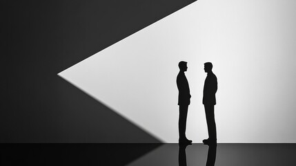 Two business professionals engage in a serious discussion in a modern, minimalistic office setting with stark lighting. Generative AI