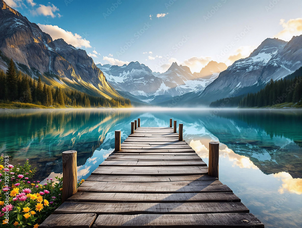 Poster a serene lakeside scene captured during the golden hour, with a wooden dock extending into the calm,