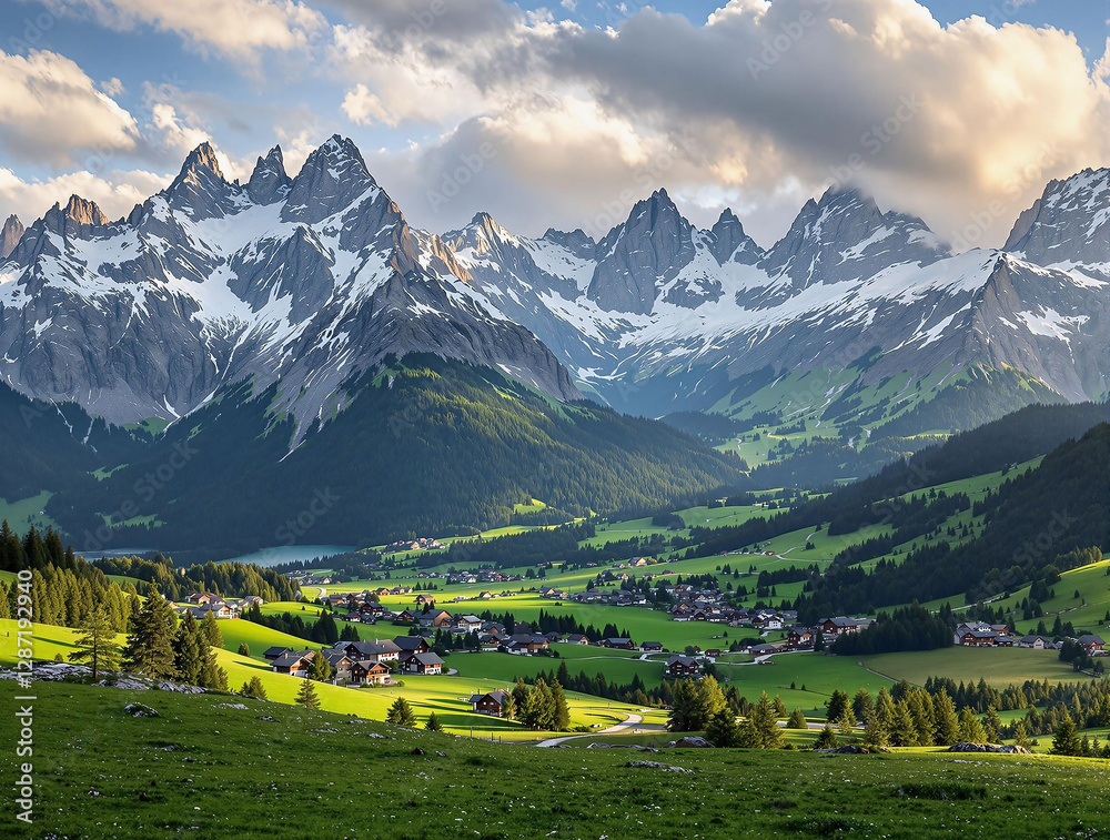 Poster a breathtaking panoramic view of a lush green valley nestled between rolling hills and towering snow