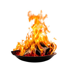 A Vibrant Red Orange Flame from a Burning Fire Pit in a Frying Pan Isolated on Transparent Background