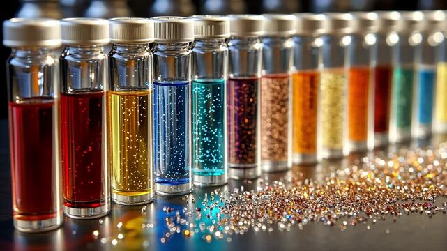 A closeup view of various small labeled vials containing different serums and compounds lined up on a laboratory bench. The labels indicate precise formulations and the glass reflects