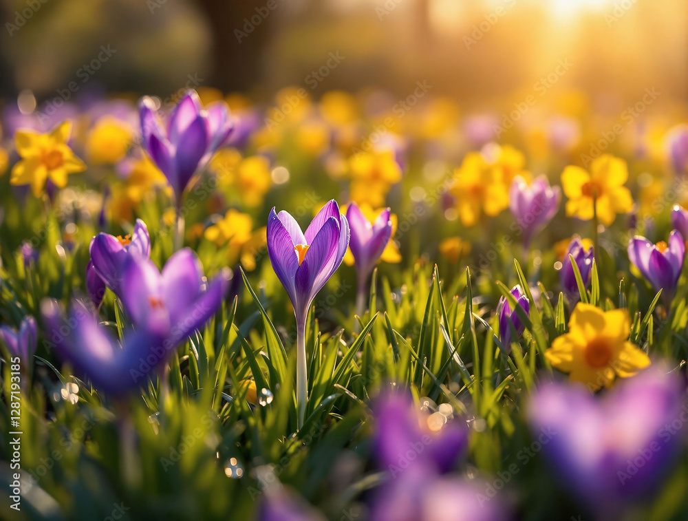 Poster a vibrant field of purple and yellow crocuses bathed in the golden light of a setting or rising sun,