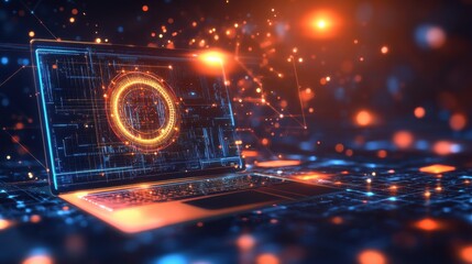 Conceptual visualization of a technological laptop with virtual interface