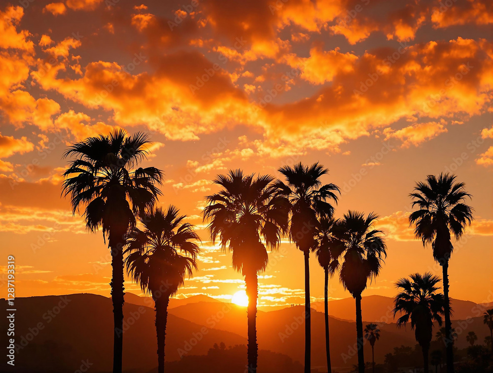 Poster A vivid sunset with silhouetted palm trees against a backdrop of a setting sun, casting a warm, golden hue across the sky. The sun's rays pierce through the clouds, illuminating the trees and creating