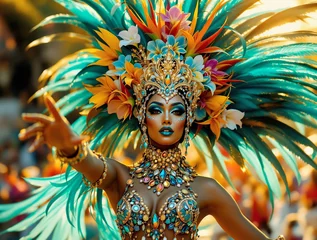 A woman in a vibrant and colorful costume adorned with feathers and flowers, captured in a moment of celebration. The background is slightly blurred, emphasizing the dancer as the main subject, and th