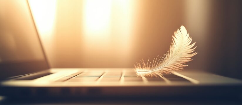 Feather floating above laptop keyboard