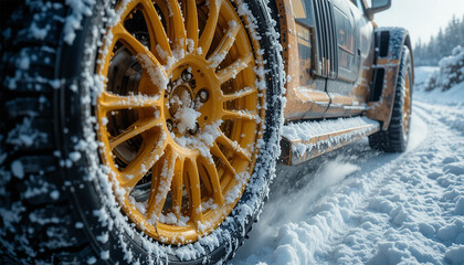 Close-Up of Snow-Covered Tire with Yellow Alloy Wheel on Icy Road in Extreme Winter Driving Conditions