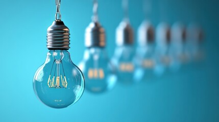 Hanging lightbulbs illuminate blue background