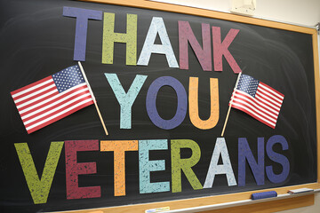 Colorful Thank You Veterans Message with American Flags in Classroom