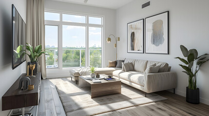 Modern, Well-Furnished Living Room Available for Rent with Stylish Decor and Natural Light.